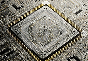 Close-up macro shot of a complex computer processor chip circuit board technology