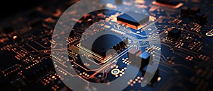 Close-up macro shot of a computer circuit board, Generative Ai