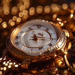 Close-up macro shot of a gold watch. Luxurious vintage gold watch with white dial and Roman numerals. Luxury and glamor