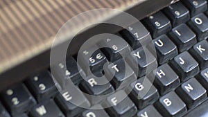 Close up macro shot of keyboard keys of desktop pc computer top view