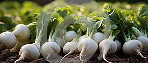 Close-up macro shot of a perfectly arranged expanse of Fresh Turnips