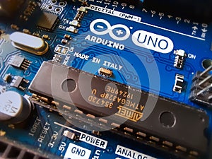 Close up macro shot photo of arduino UNO circuit board and micro controller