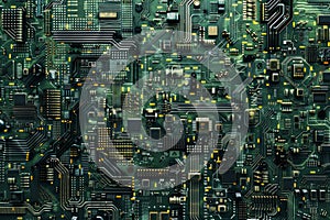 Close-up Macro Shot of Printed Circuit Board with Computer Motherboard Component Microchip. Neural network ai generated