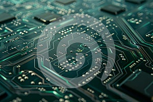Close-up Macro Shot of Printed Circuit Board with Computer Motherboard Component Microchip. Neural network ai generated