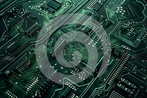 Close-up Macro Shot of Printed Circuit Board with Computer Motherboard Component Microchip. Neural network ai generated