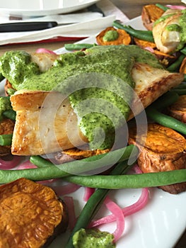 Close up macro shot of seafood dish - fish with pesto sauce and vegetables