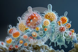 A close up macro shot of vibrant coral polyps, showcasing their intricate and colorful structures. beauty, oceanography photo