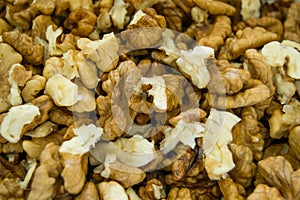 Close up macro shot of walnuts without the shell - texture