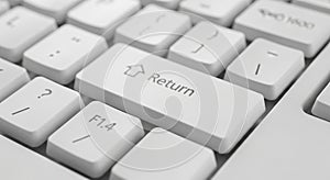 Close Up Macro Shot Of A White Computer Keyboard Return Key technology input