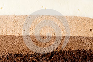 Close Up Macro Three Chocolates Cake Background Layered Cake with Milk Black and White Chocolate Souffle Horizontal