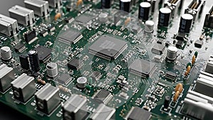 Close-up macro view of a complex electronic circuit board with microchips electronics technology