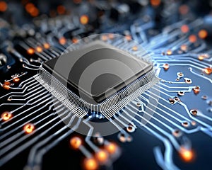 Close-Up Macro View of Computer Chip and Processor on Circuit Board with Electronic Components