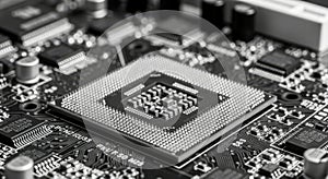 Close up macro view of a computer cpu processor microchip on a motherboard
