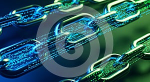 Close-up of a digital blockchain network with glowing data streams technology