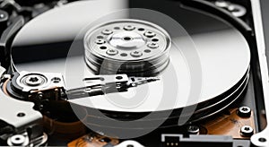 Close-up macro view of open hard drive disk platter and read write head