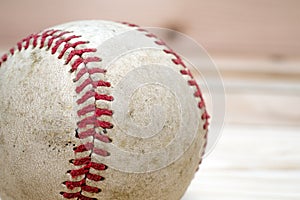 Close up macro view of the seams on a used baseball