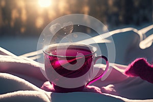 Close-up of magenta cup of tea outdoors, ai generated