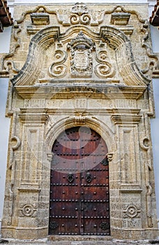 Close-up of impressive entrance portal of the Palace of the Inquisition in Old Town Cartagena, Colombia photo