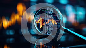 Close-up of a magnifying glass analyzing stock market data on a digital screen, emphasizing financial trends and trading analysis