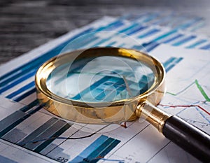 Close-up of a magnifying glass on financial charts and graphs