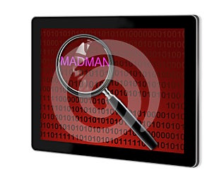 Close up of magnifying glass on madman
