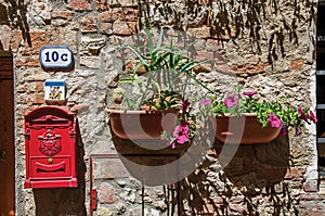 Close-up of mailbox of the post office and flower pots in Colle di Val d`Elsa.