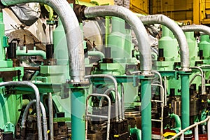 A close-up of the main engine on a large container ship.