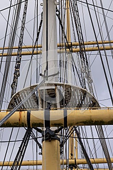 Close-up of main mast ropes and rigging on tall ship