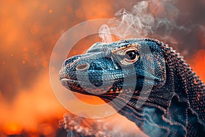 Close Up of a Majestic Blue Lizard with Intense Eyes Against a Fiery Orange Background