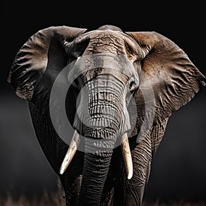 Close up Majestic bull elephant, tusks prominent, sipping water with grace