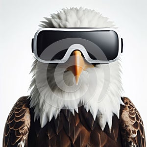 Close-up of a majestic eagle wearing a virtual reality headset, a conceptual blend of nature and advanced technology