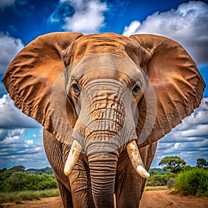 Close-up of a majestic elephant with tusks standing in the savannah, Ai-Generated Images. photo