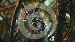 Close up of majestic great horned owl perched, showcasing piercing eyes and distinctive ear tufts