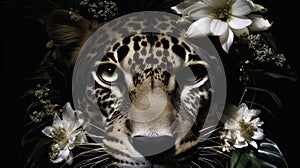 Close-up of a majestic jaguar face surrounded by vibrant tropical flowers on a dark background