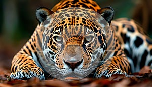 Majestic Jaguar Lying on Fall Leaves Staring Intensely photo