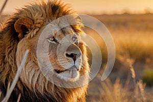 Close-up of a majestic male lion, its mane bathed in the warm glow of a setting sun