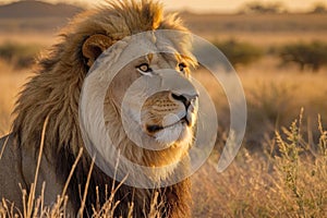 Close-up of a majestic male lion, its mane bathed in the warm glow of a setting sun