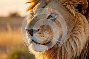 Close-up of a majestic male lion, its mane bathed in the warm glow of a setting sun