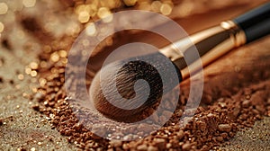 Close-up of makeup brush with bronzing powder and shimmer photo