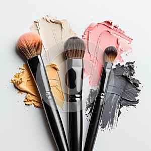 Close-up of makeup brushes and colorful cosmetic powders, eyeshadows. Beauty products. Creative beauty and makeup