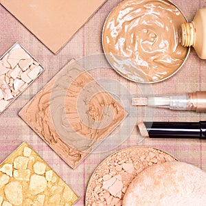 Close-up of makeup products to create beautiful skin tone