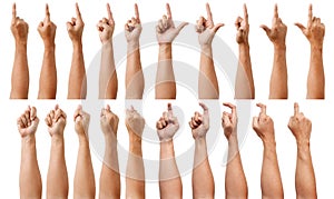 Close up Male asian hand gestures isolated over the white background.