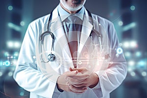 Close up of male doctor hands using tablet computer with glowing medical interface. Medicine and healthcare concept. Double