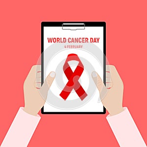 Close-up of a male doctor with lab coat in his office holding a clipboard.4 February world cancer day horizontal poster