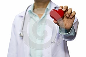 Close up male doctor with red heart isolated on white background