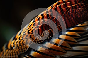 A close-up of a male Golden Pheasant\'s tail feathers, showing the intricate patterns and colors of the plumage