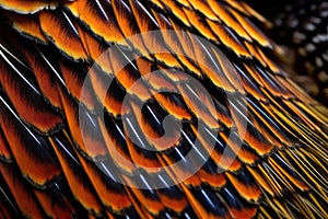A close-up of a male Golden Pheasant\'s tail feathers, showing the intricate patterns and colors of the plumage