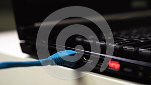 Close up male hand connect blue ethernet cable to laptop with glowing red usb port.