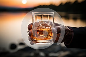 A close up of a male hand elegantly gripping a glass of whiskey