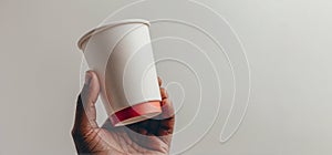 Close up of male hand holding a disposable coffee paper cup isolated on light grey background. Mockup with copy space